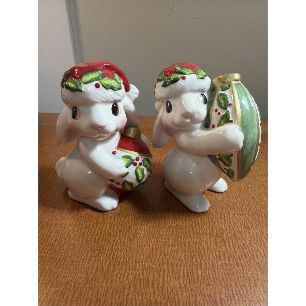 Fitz And Floyd Christmas Bunny Blooms Salt And Pepper 2004 ADORABLE